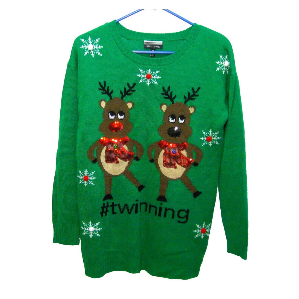 Ugly Christmas Sweater Women's (Size Medium) Green Knit Holiday Reindeer Top